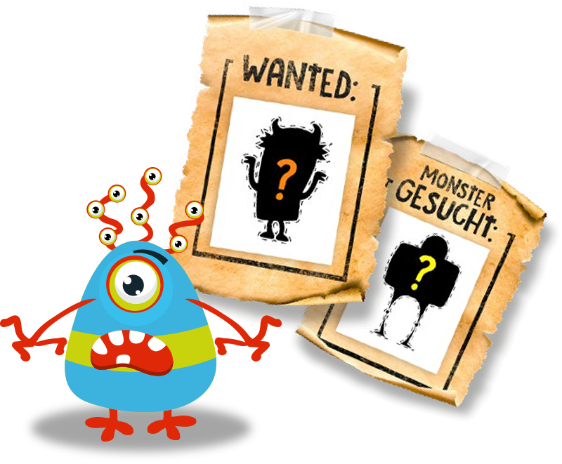 Blaues Monster und Wanted-Poster